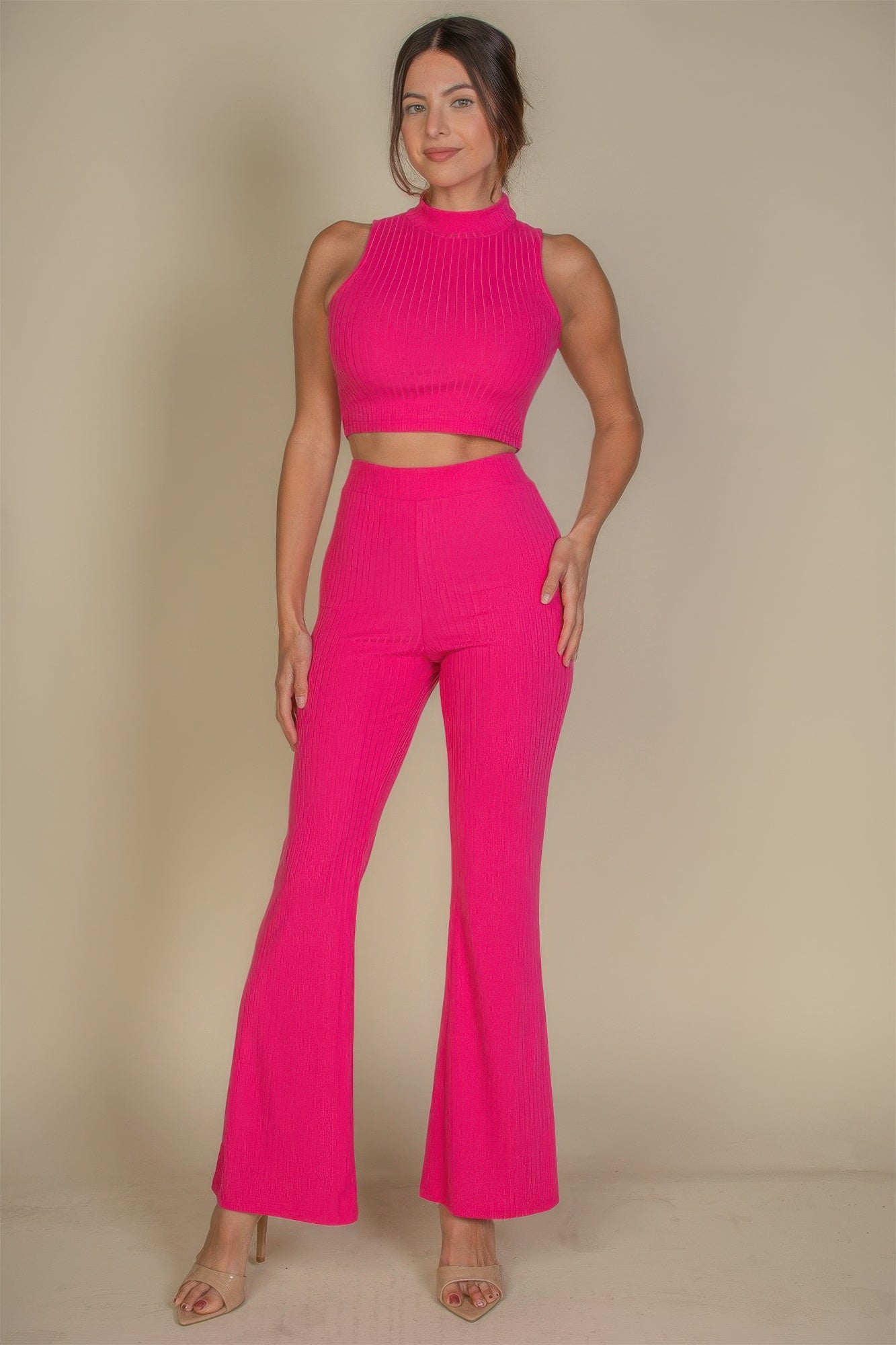 Ribbed Mock Neck Crop Tank Top & Bootcut Pants Set | APPAREL, Black, Burgundy, CCPRODUCTS, Downtown Brown, Fuchsia, Grey, NEW ARRIVALS, Royal, SETS, Taupe | Style Your Curves