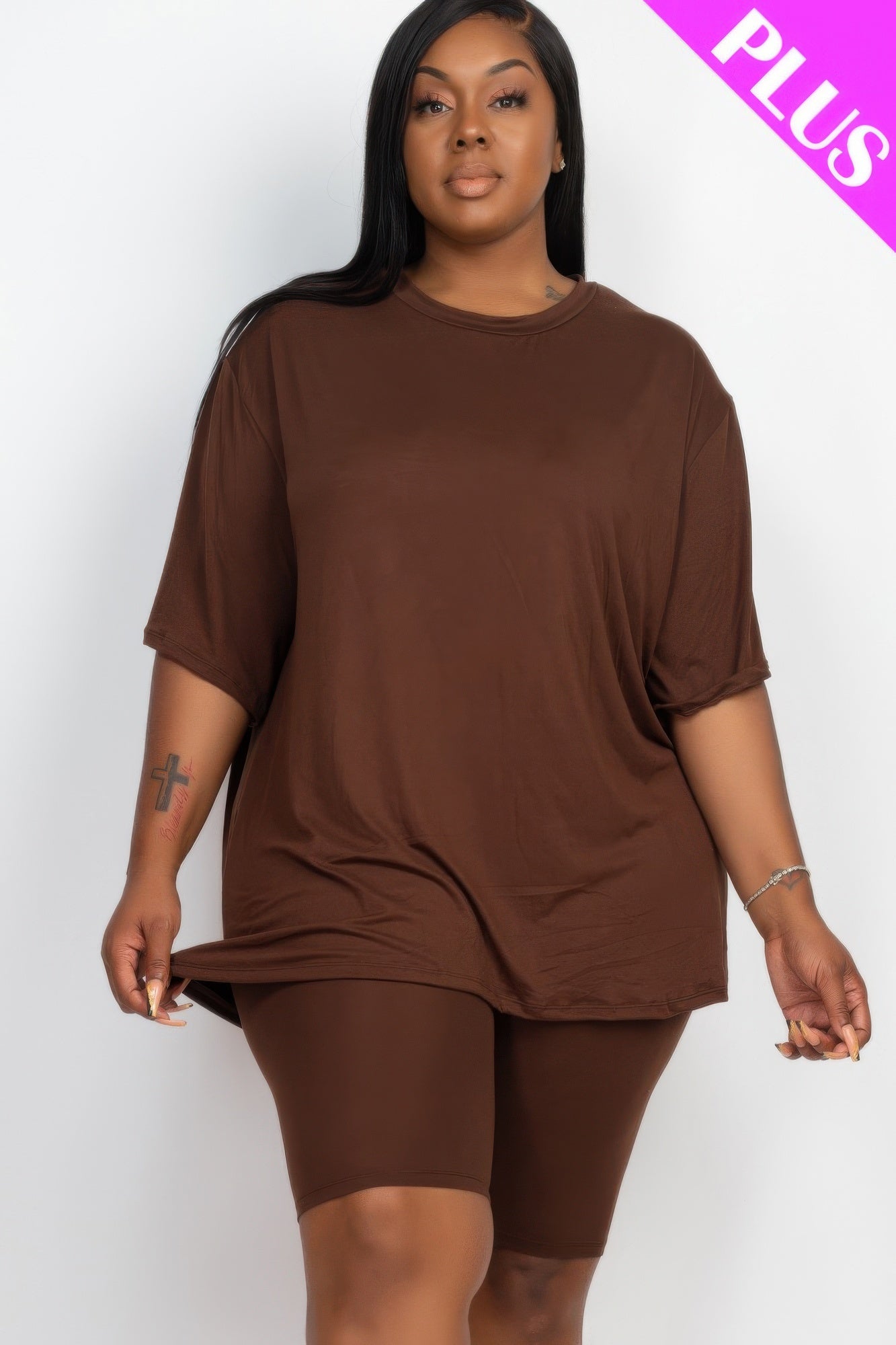 Plus Size Loose Fit Top & Biker Shorts Set | APPAREL, CCPRODUCTS, Coffee, Downtown Brown, Green Bay, Khaki, Mango, NEW ARRIVALS, Olive, PLUS SIZE SETS, Red Alert, Taupe, Tomato Cream, Ultimate Grey, White | Style Your Curves