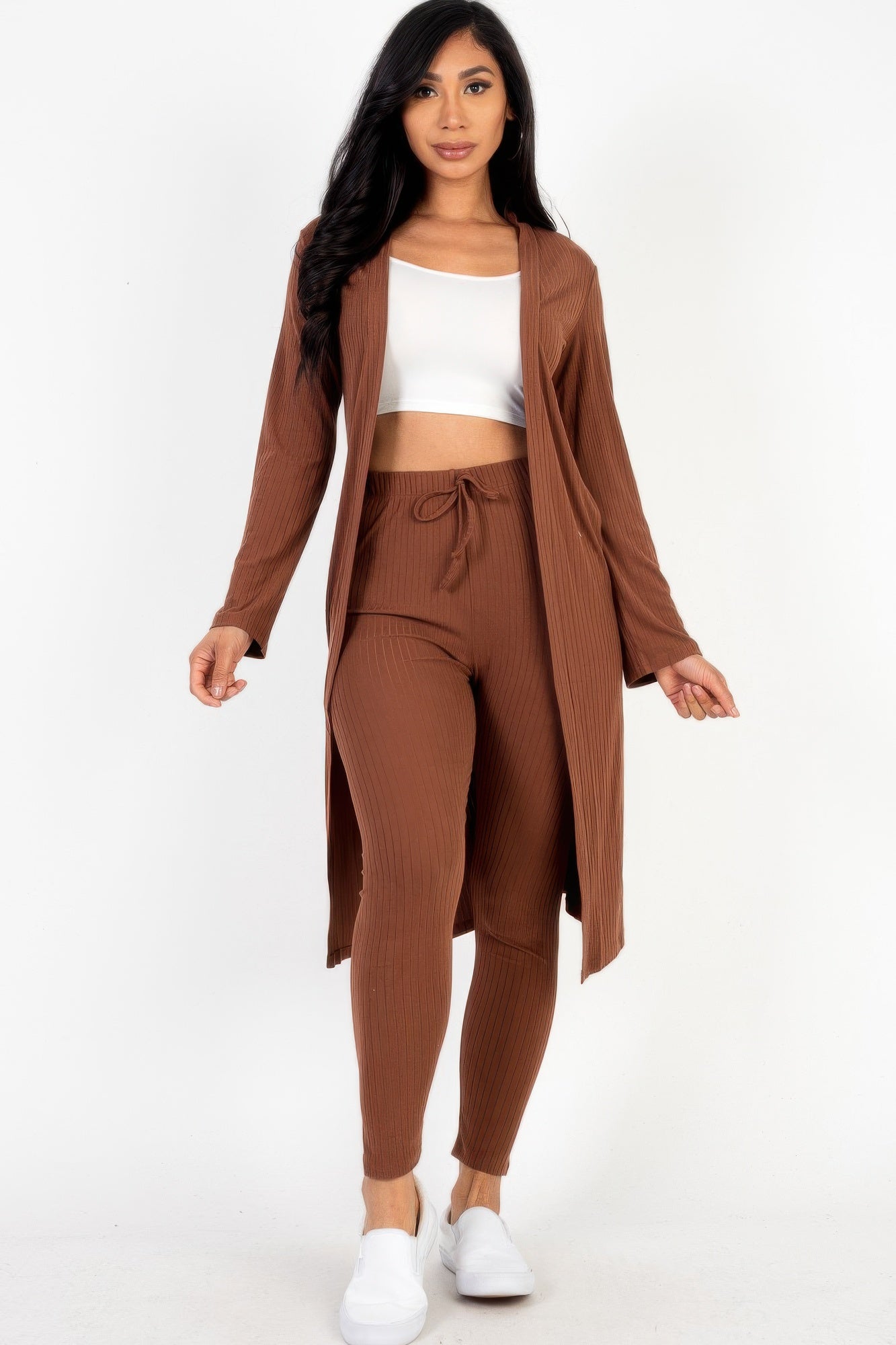 Ribbed Long Cardigan & Leggings Set | APPAREL, Berry, Black, Burgundy, CCPRODUCTS, chive Blossom, Coffee, Dark Mauve, downtown brown, Gold, Green Bay, Grey, Ibiza Blue, Khaki, Mocha, Navy, NEW ARRIVALS, Olive, SETS, Taupe | Style Your Curves