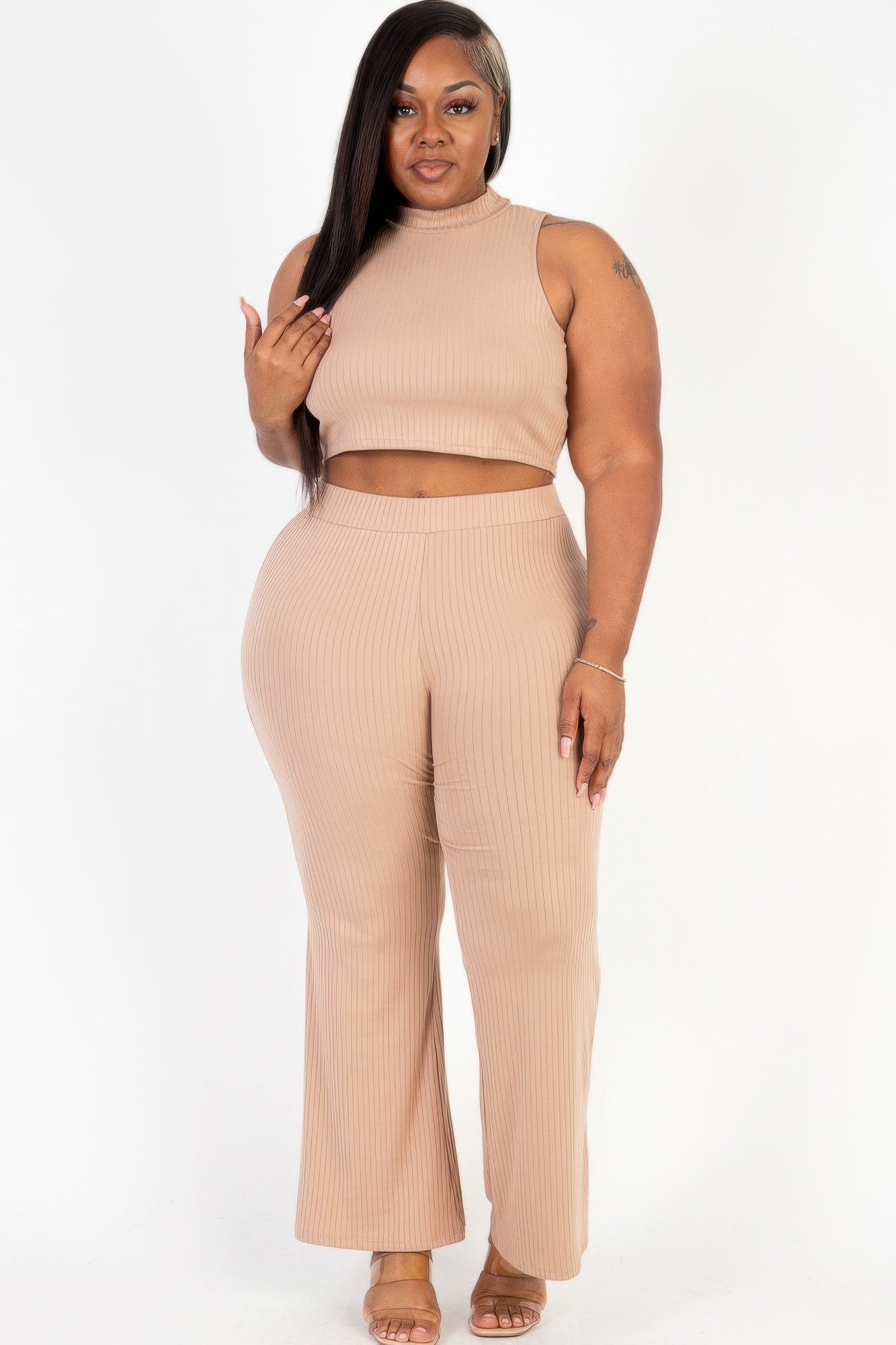 Plus Size Ribbed Mock Neck Crop Tank Top& Bootcut Pants Set | Burgundy, CCPRODUCTS, Downtown Brown, NEW ARRIVALS, PLUS SIZE, PLUS SIZE SETS, Taupe, Toffee | Style Your Curves