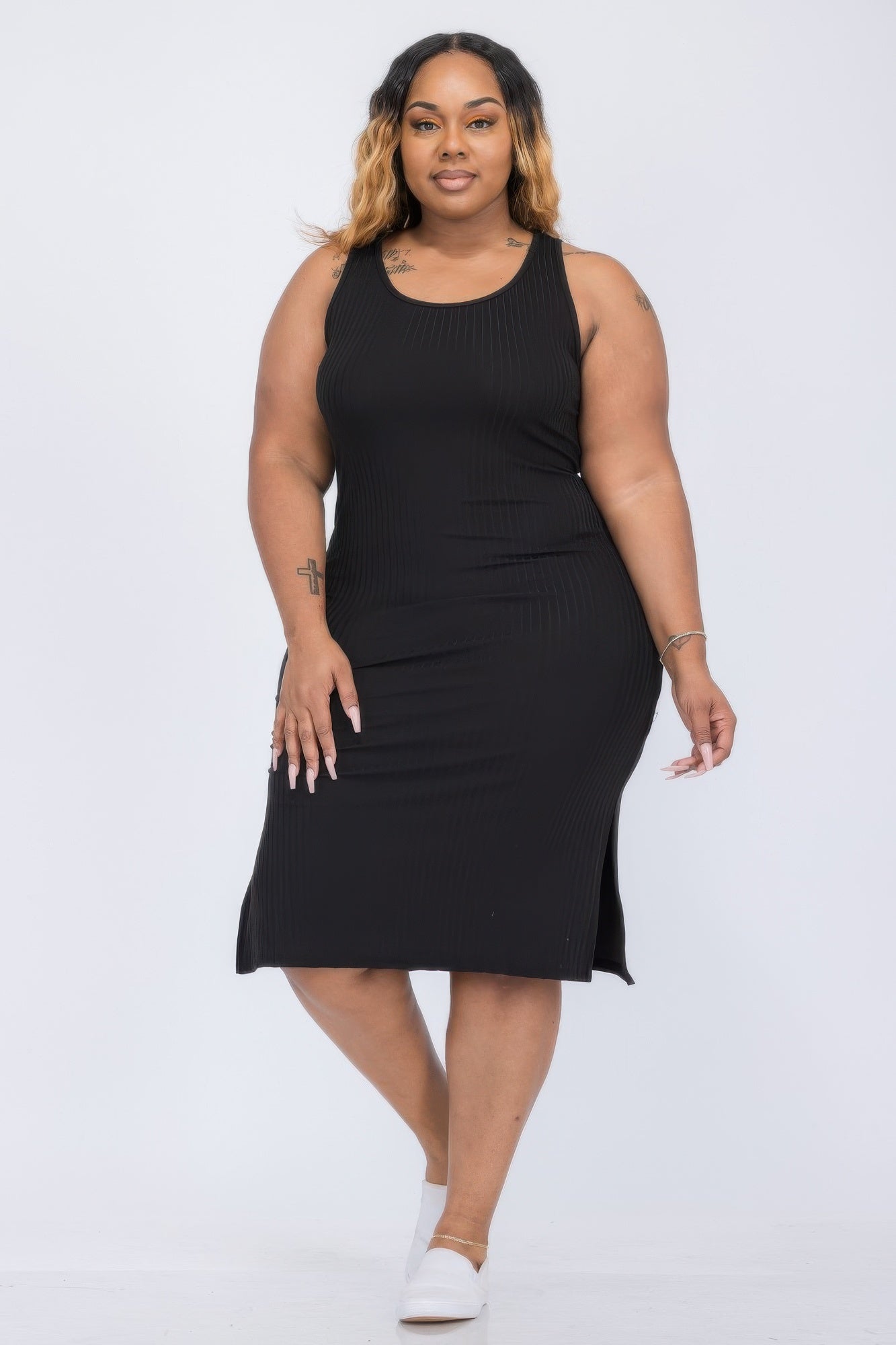 Plus Size Ribbed Side Slit Tank Midi Dress | Black, blue Haze, CCPRODUCTS, Chive Blossom, Green Bay, Khaki, NEW ARRIVALS, PLUS SIZE, PLUS SIZE DRESSES, Sun Baked, Taupe, White | Style Your Curves