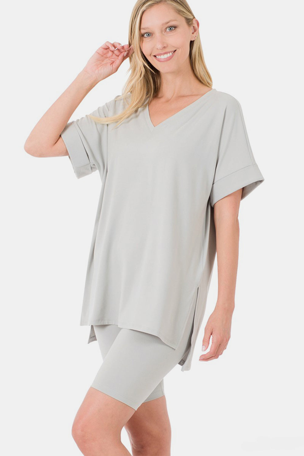 Zenana Full Size V-Neck Short Sleeve Slit T-Shirt and Shorts Set | NEW ARRIVALS, Ship from USA, Zenana | Trendsi