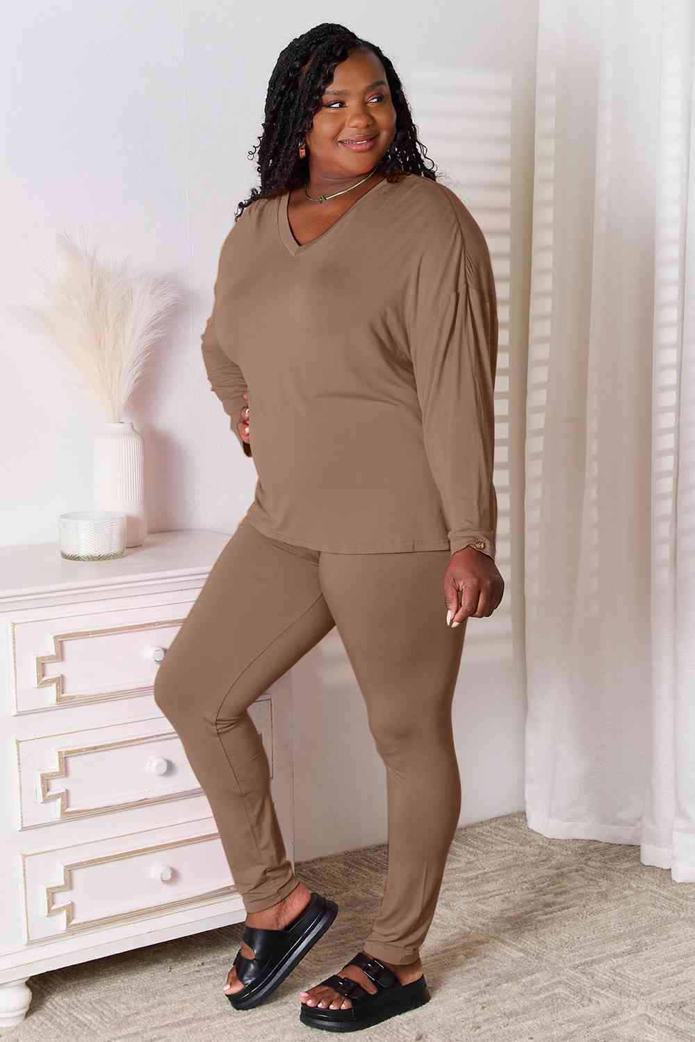 V-Neck Long Sleeve Top and Pants Lounge Set