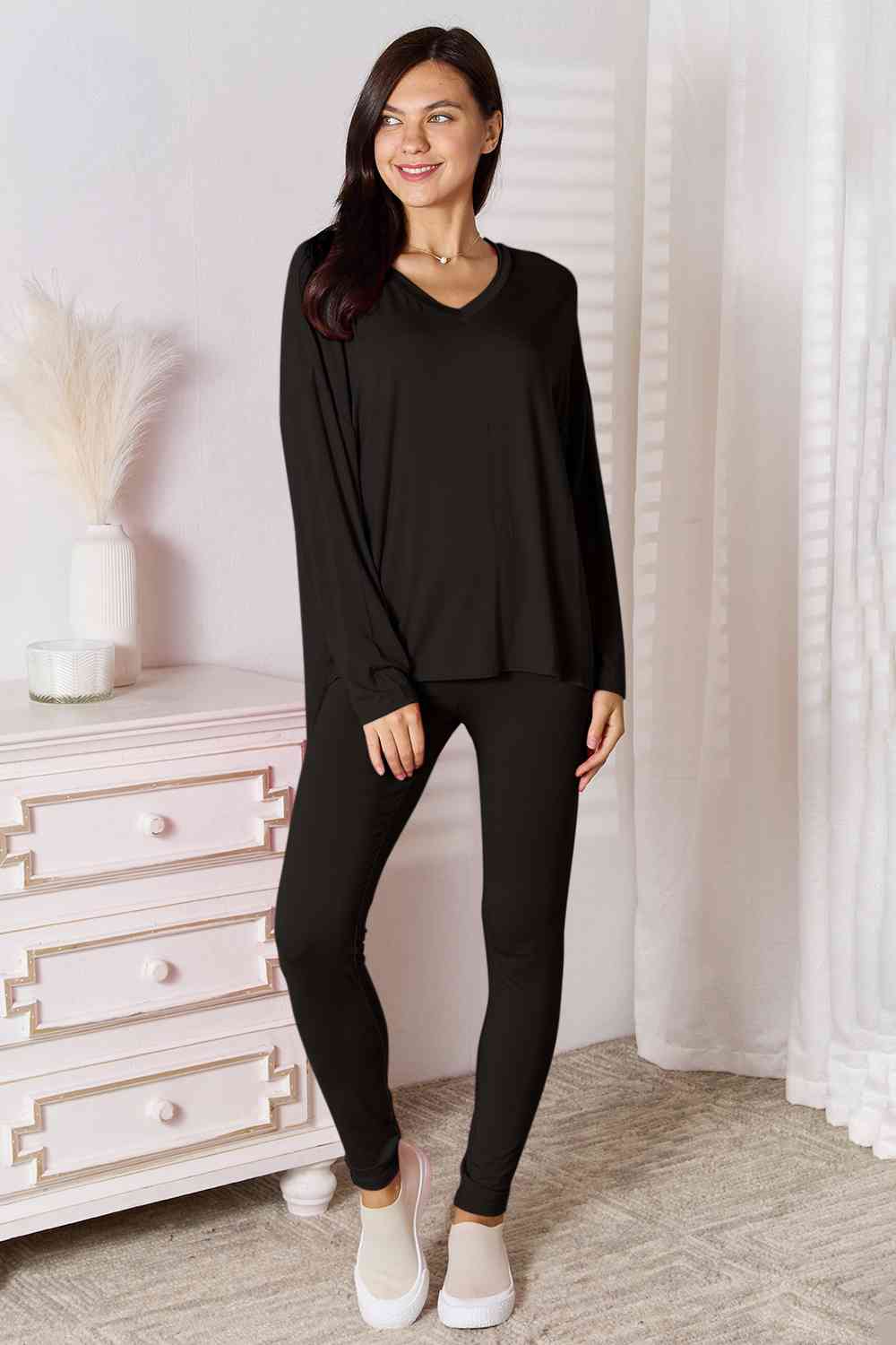 V-Neck Long Sleeve Top and Pants Lounge Set