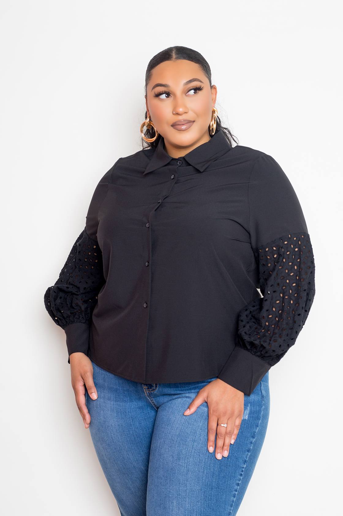 Blouse With Punched Sleeves | Black, PLUS SIZE, PLUS SIZE TOPS, SALE, SALE PLUS SIZE, White | Style Your Curves