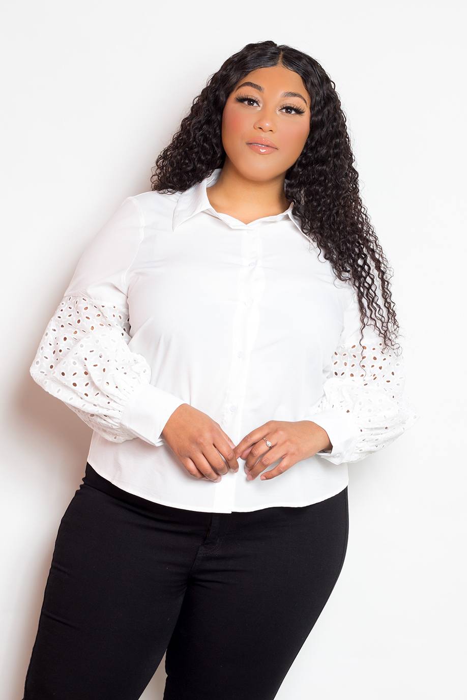 Blouse With Punched Sleeves | Black, PLUS SIZE, PLUS SIZE TOPS, SALE, SALE PLUS SIZE, White | Style Your Curves