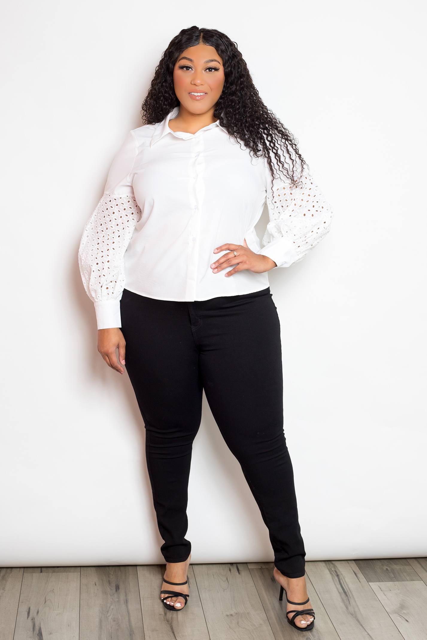 Blouse With Punched Sleeves | Black, PLUS SIZE, PLUS SIZE TOPS, SALE, SALE PLUS SIZE, White | Style Your Curves