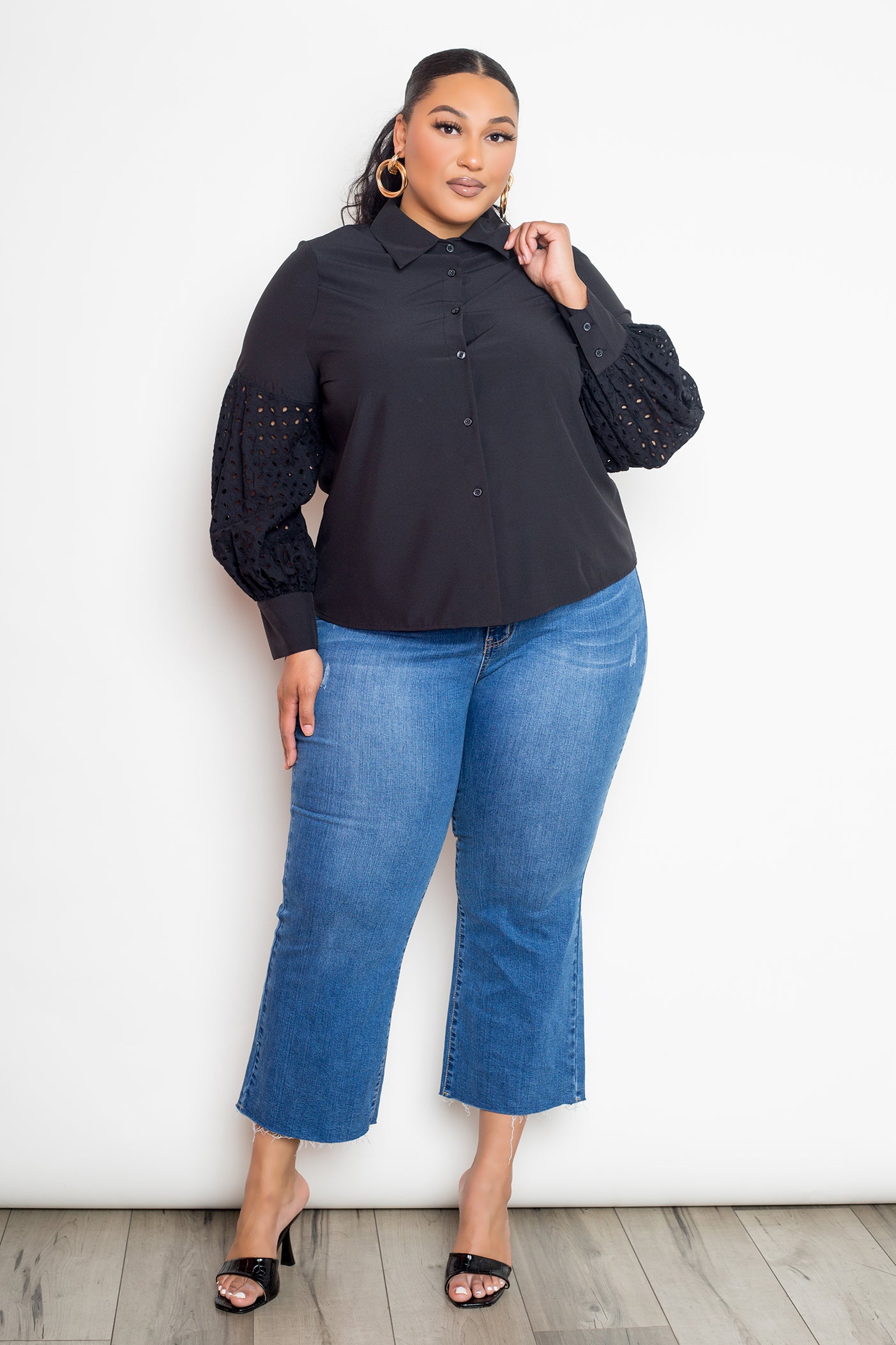 Blouse With Punched Sleeves | Black, PLUS SIZE, PLUS SIZE TOPS, SALE, SALE PLUS SIZE, White | Style Your Curves