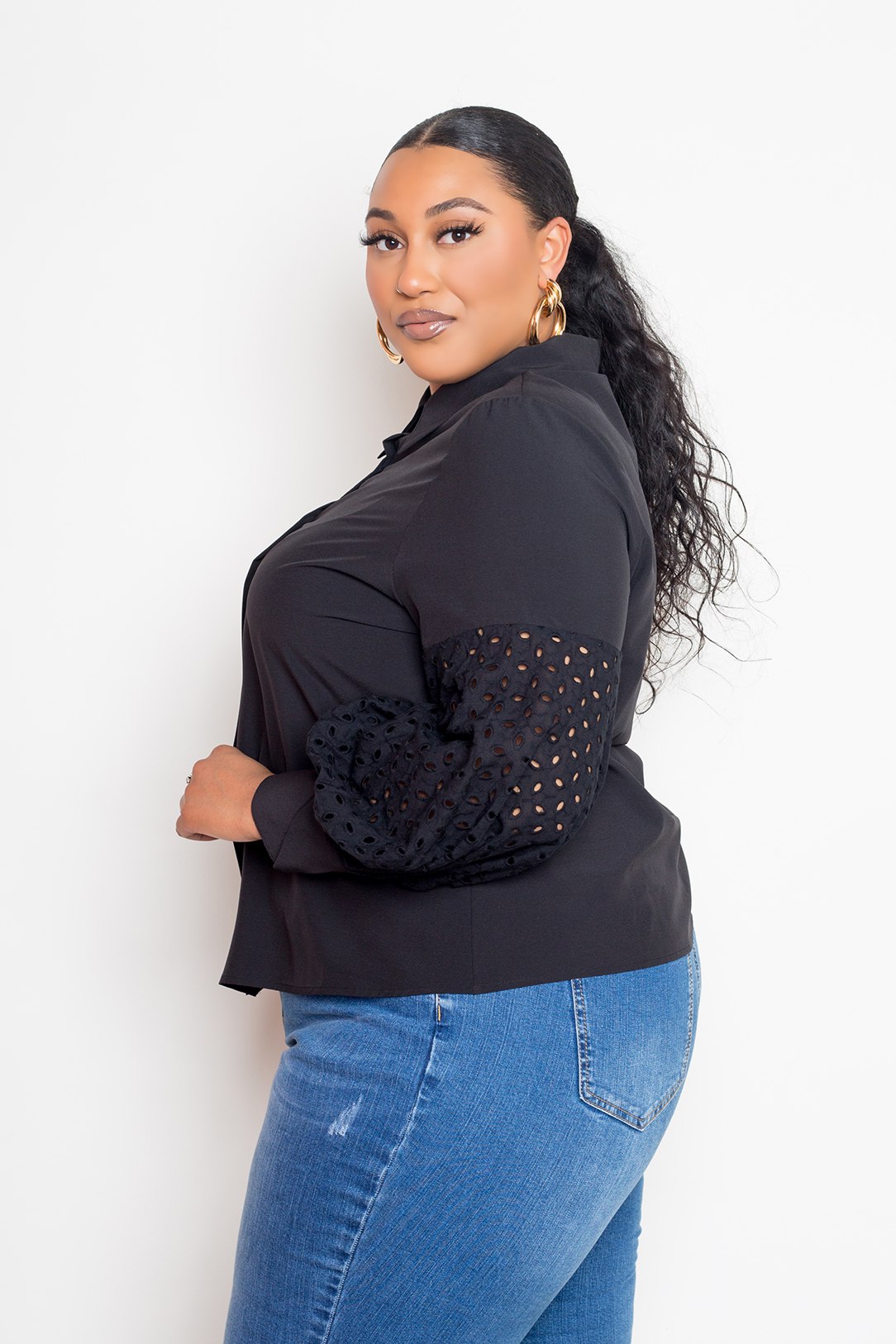 Blouse With Punched Sleeves | Black, PLUS SIZE, PLUS SIZE TOPS, SALE, SALE PLUS SIZE, White | Style Your Curves