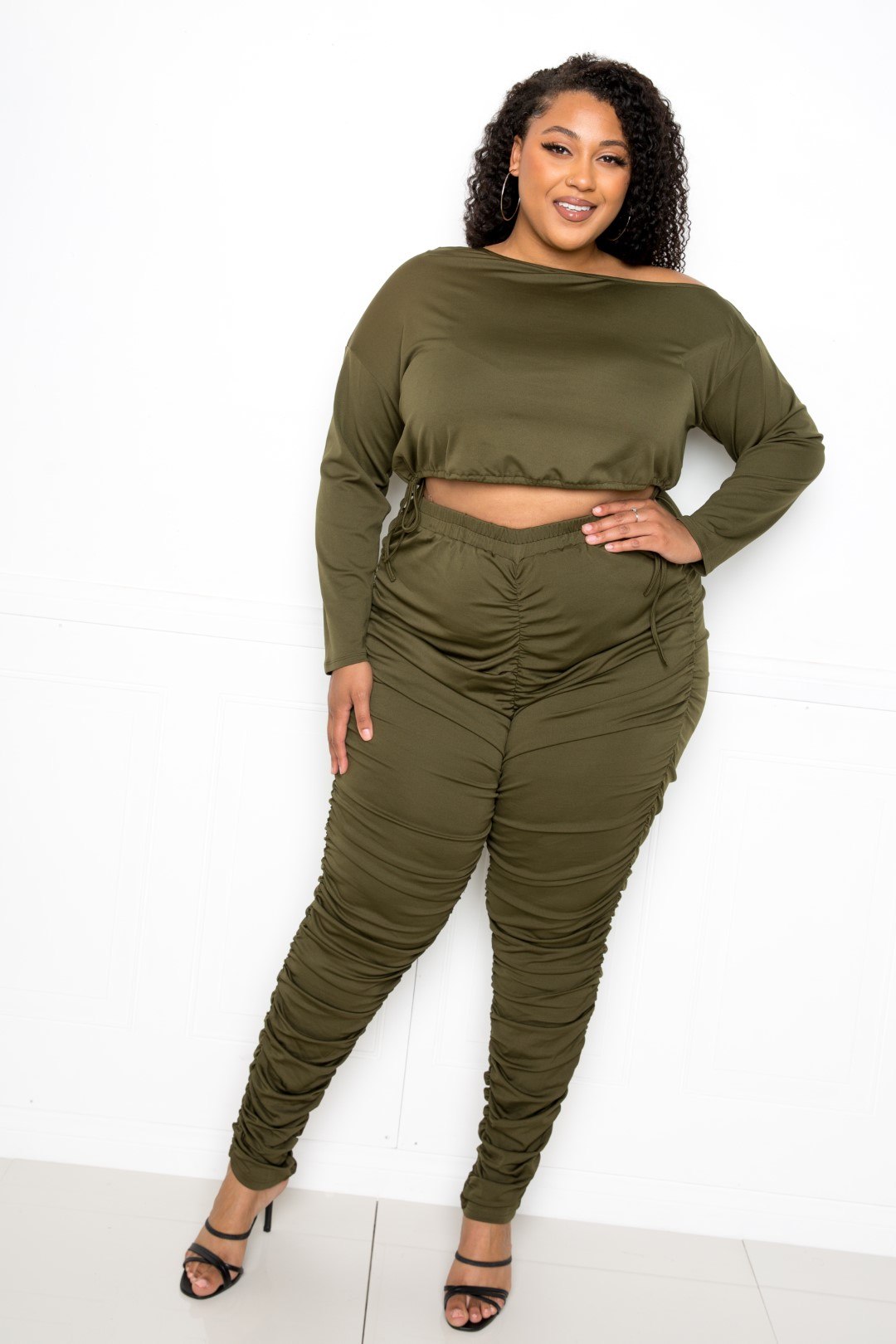 Off Shoulder Cropped Top And Ruched Leggings Sets | Black, Olive, PLUS SIZE, PLUS SIZE SETS, RESTOCKED POPULAR ITEMS, SALE, SALE PLUS SIZE | Style Your Curves