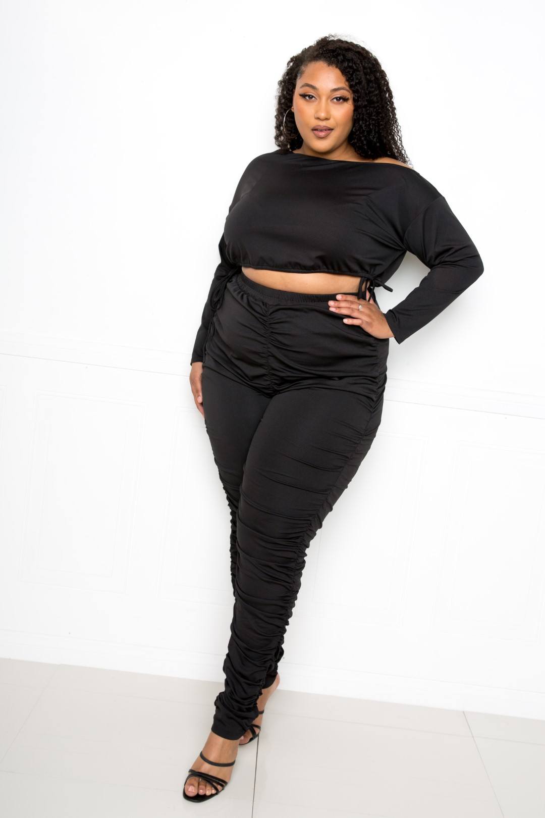 Off Shoulder Cropped Top And Ruched Leggings Sets | Black, Olive, PLUS SIZE, PLUS SIZE SETS, RESTOCKED POPULAR ITEMS, SALE, SALE PLUS SIZE | Style Your Curves