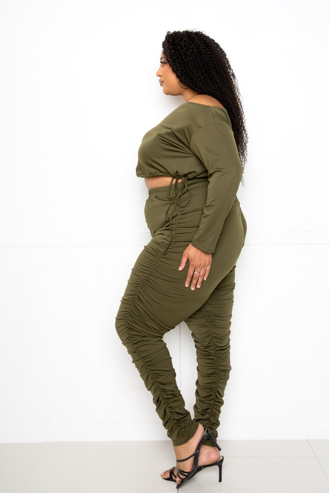 Off Shoulder Cropped Top And Ruched Leggings Sets | Black, Olive, PLUS SIZE, PLUS SIZE SETS, RESTOCKED POPULAR ITEMS, SALE, SALE PLUS SIZE | Style Your Curves