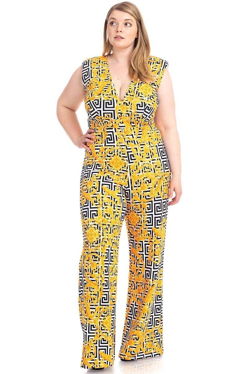 Greek Key Print Formal Jumpsuit | Black/Yellow, MADE IN USA, PLUS SIZE, PLUS SIZE JUMPSUITS & ROMPERS, RESTOCKED POPULAR ITEMS, SALE, SALE PLUS SIZE | Style Your Curves