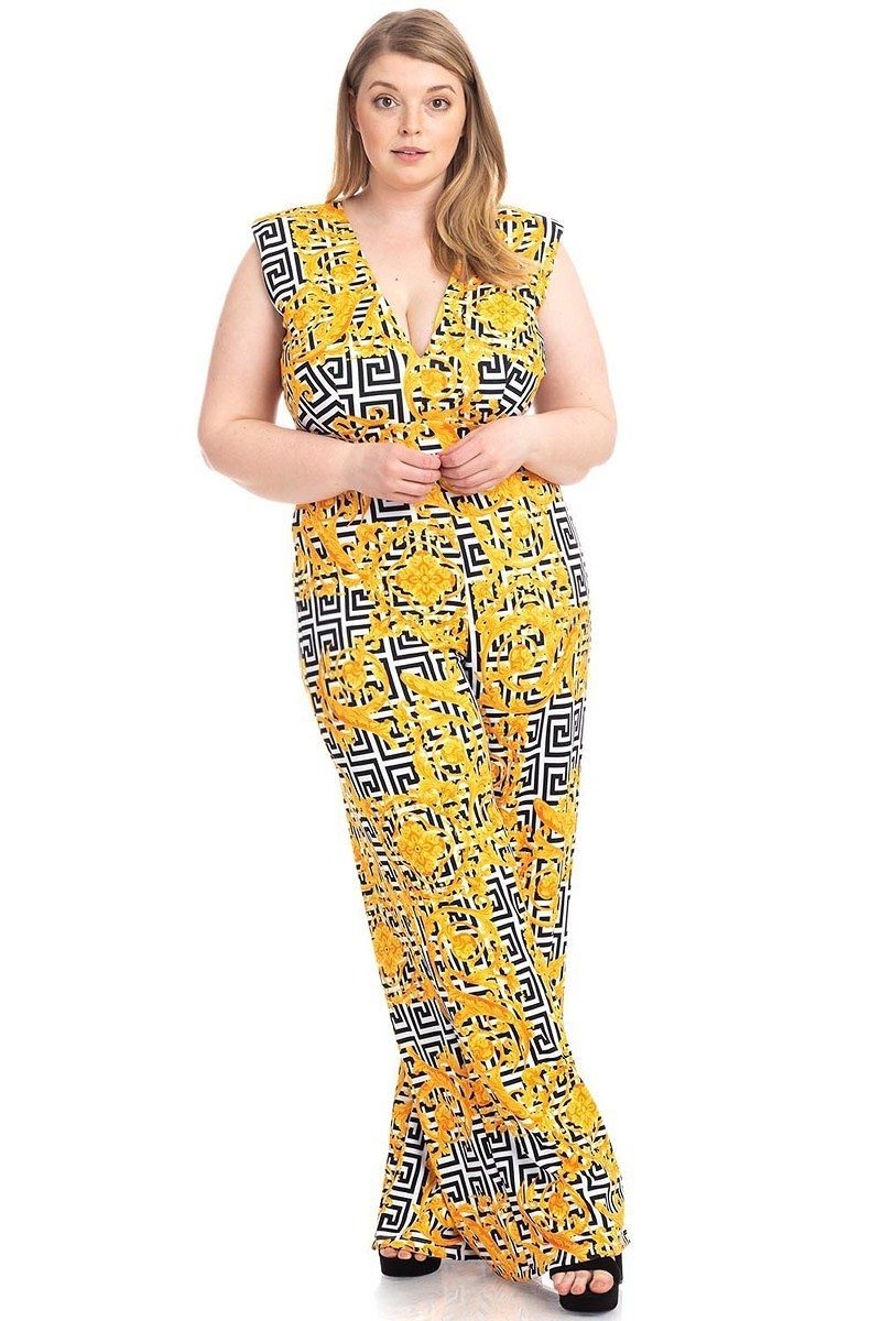 Greek Key Print Formal Jumpsuit | Black/Yellow, MADE IN USA, PLUS SIZE, PLUS SIZE JUMPSUITS & ROMPERS, RESTOCKED POPULAR ITEMS, SALE, SALE PLUS SIZE | Style Your Curves