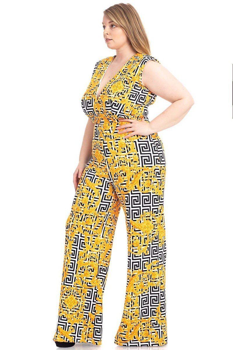 Greek Key Print Formal Jumpsuit | Black/Yellow, MADE IN USA, PLUS SIZE, PLUS SIZE JUMPSUITS & ROMPERS, RESTOCKED POPULAR ITEMS, SALE, SALE PLUS SIZE | Style Your Curves