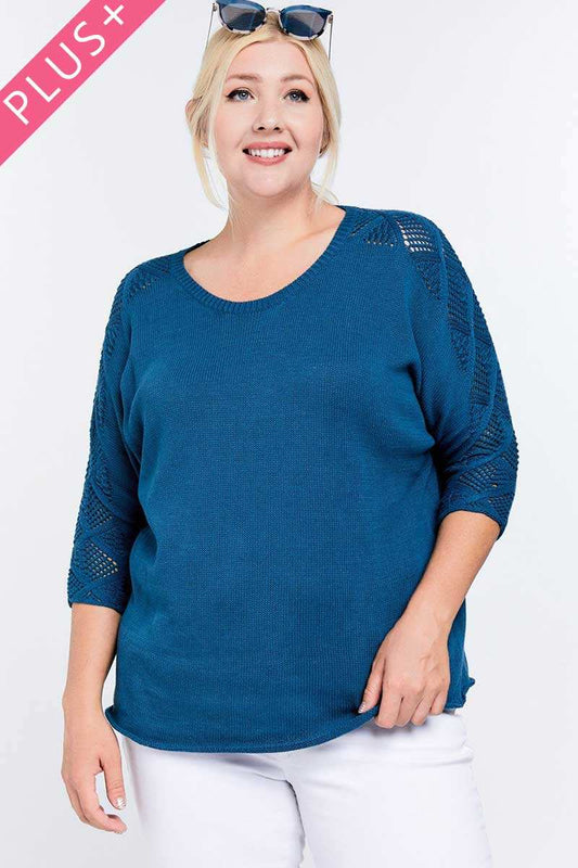 Solid Round Neck 3/4 Sleeve Sweater Top | Black, Blue, PLUS SIZE, PLUS SIZE OUTERWEAR, PLUS SIZE TOPS, SALE, SALE PLUS SIZE | Style Your Curves