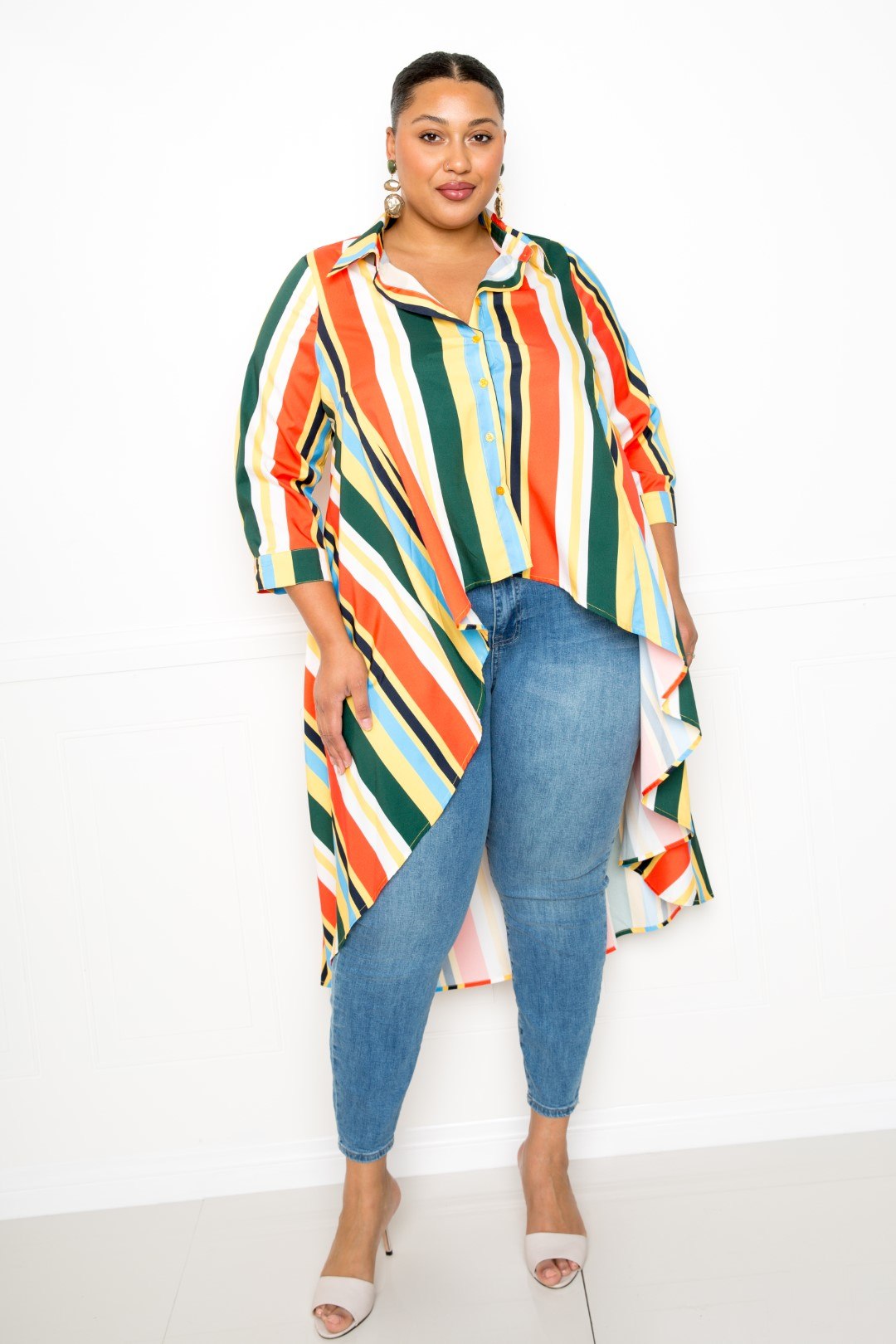 Striped Hi Low Shirt | Multi, PLUS SIZE, PLUS SIZE TOPS, RESTOCKED POPULAR ITEMS, SALE, SALE PLUS SIZE | Style Your Curves