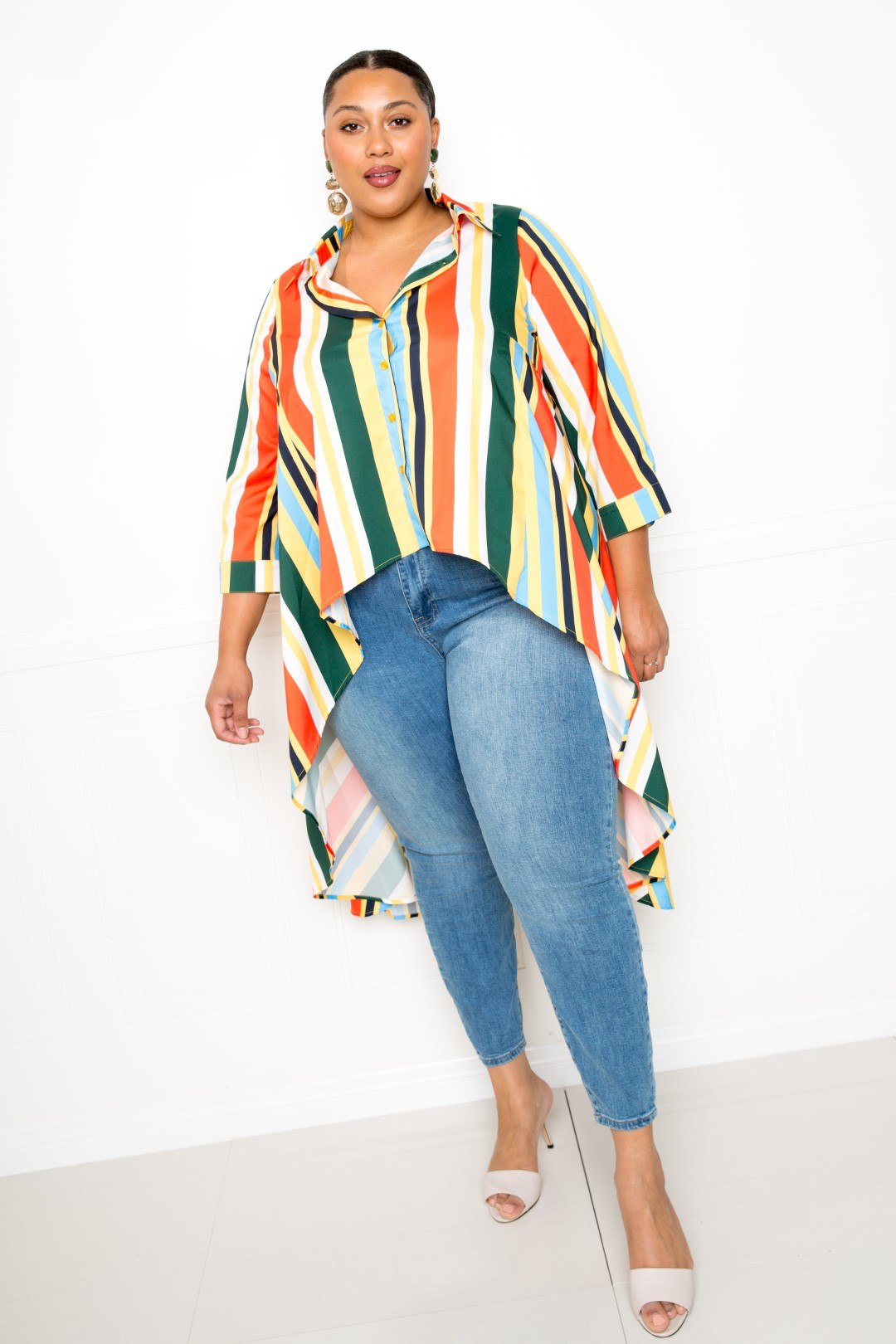 Striped Hi Low Shirt | Multi, PLUS SIZE, PLUS SIZE TOPS, RESTOCKED POPULAR ITEMS, SALE, SALE PLUS SIZE | Style Your Curves