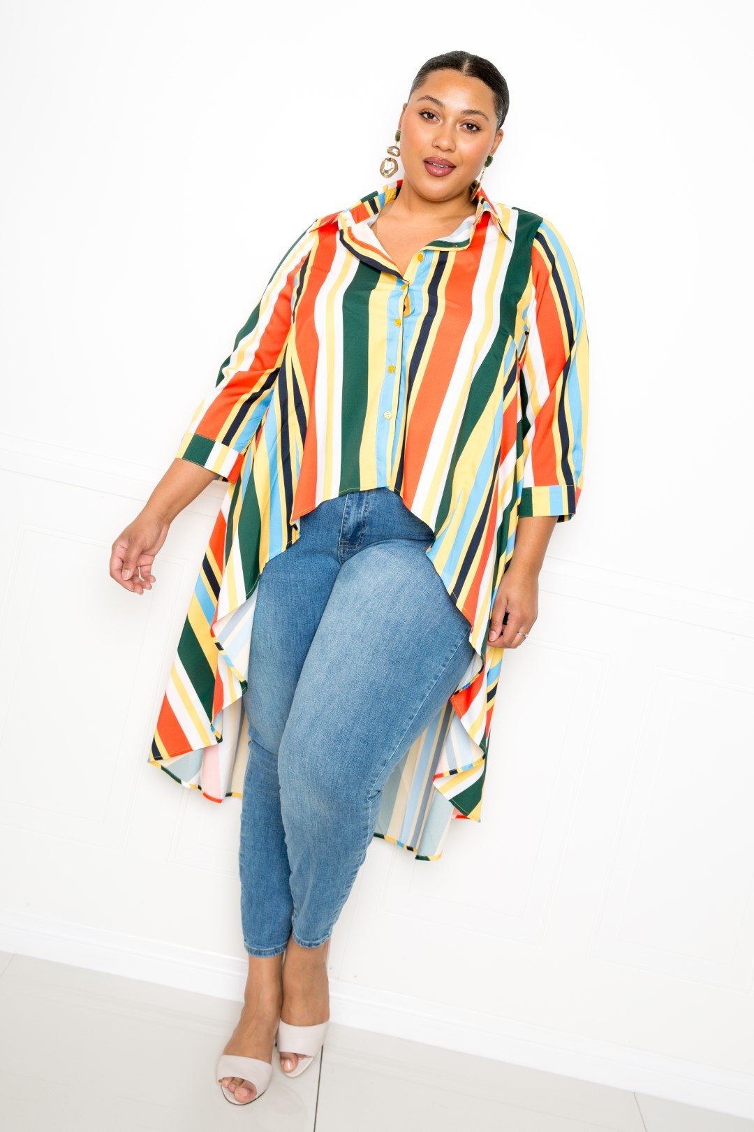 Striped Hi Low Shirt | Multi, PLUS SIZE, PLUS SIZE TOPS, RESTOCKED POPULAR ITEMS, SALE, SALE PLUS SIZE | Style Your Curves