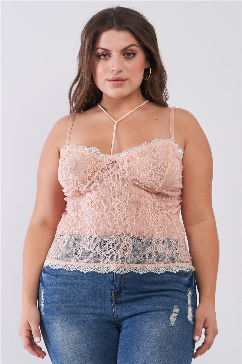 Plus Size Sleeveless Sheer Lace Halter Neck Detail Bustier Top | Dusty Rose, PLUS SIZE, PLUS SIZE TOPS, SALE, SALE PLUS SIZE | Style Your Curves