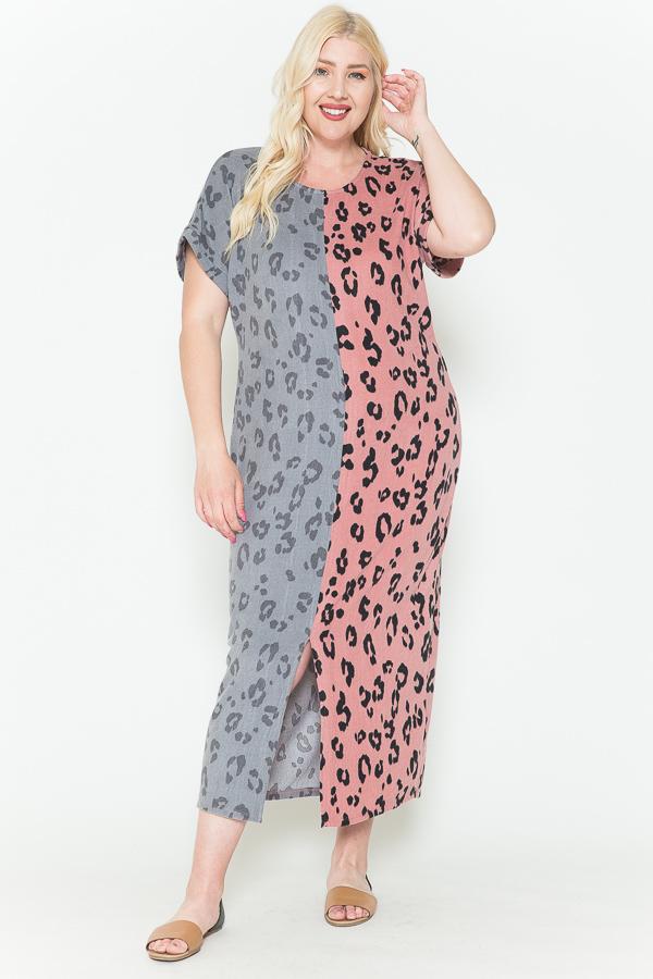 Front Slit Dolman Leopard Print Maxi Dress | Dusty Pink Combo, Mint Combo, PLUS SIZE, PLUS SIZE DRESSES, SALE, SALE PLUS SIZE | Style Your Curves