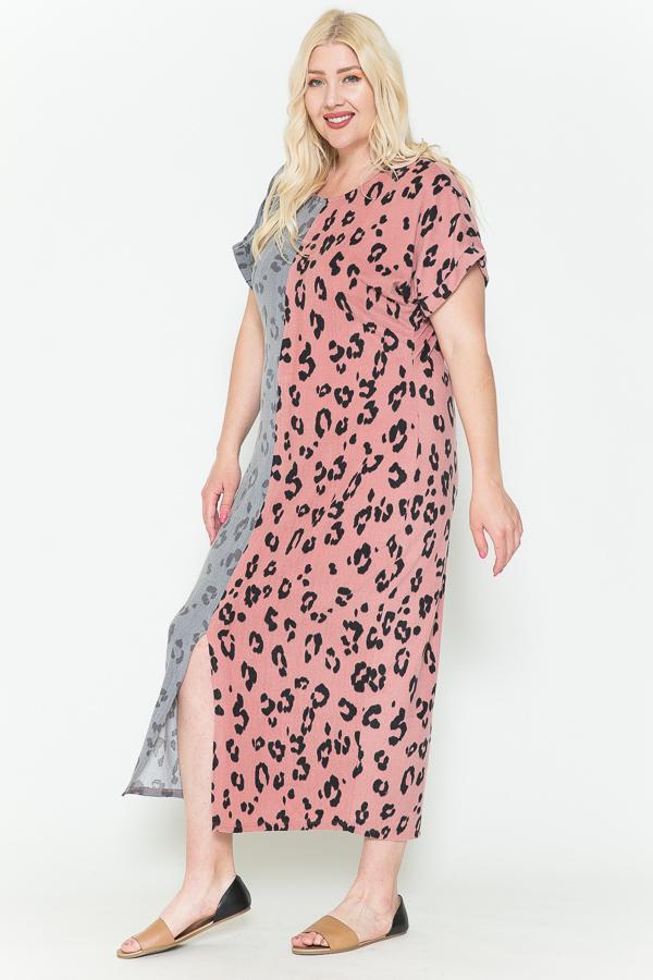 Front Slit Dolman Leopard Print Maxi Dress | Dusty Pink Combo, Mint Combo, PLUS SIZE, PLUS SIZE DRESSES, SALE, SALE PLUS SIZE | Style Your Curves