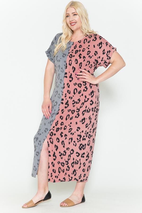 Front Slit Dolman Leopard Print Maxi Dress | Dusty Pink Combo, Mint Combo, PLUS SIZE, PLUS SIZE DRESSES, SALE, SALE PLUS SIZE | Style Your Curves