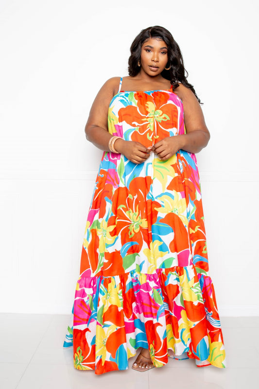 Printed Voluminous Maxi Dress | Multi, PLUS SIZE, PLUS SIZE DRESSES, SALE, SALE PLUS SIZE | Style Your Curves