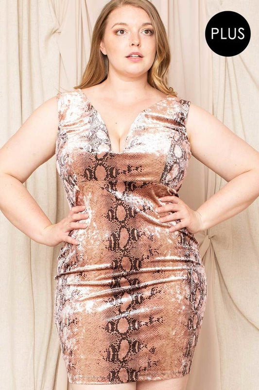 Velour Snake Print Plus Mini Dress | Blush, Mocha, PLUS SIZE, PLUS SIZE DRESSES, SALE, SALE PLUS SIZE | Style Your Curves