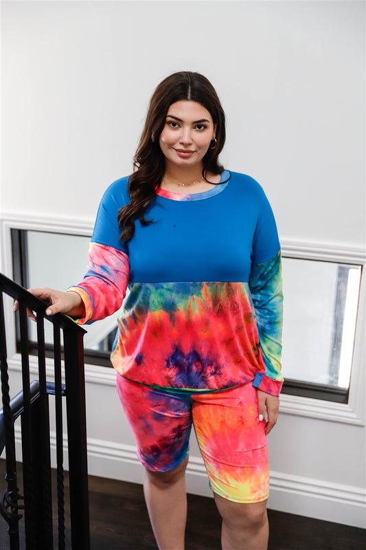 Plus Blue Neon Rainbow Tie-dye Colorblock Long Sleeve Top & Biker Shorts Set | PLUS SIZE, PLUS SIZE SETS, Rainbow, SALE, SALE PLUS SIZE | Style Your Curves