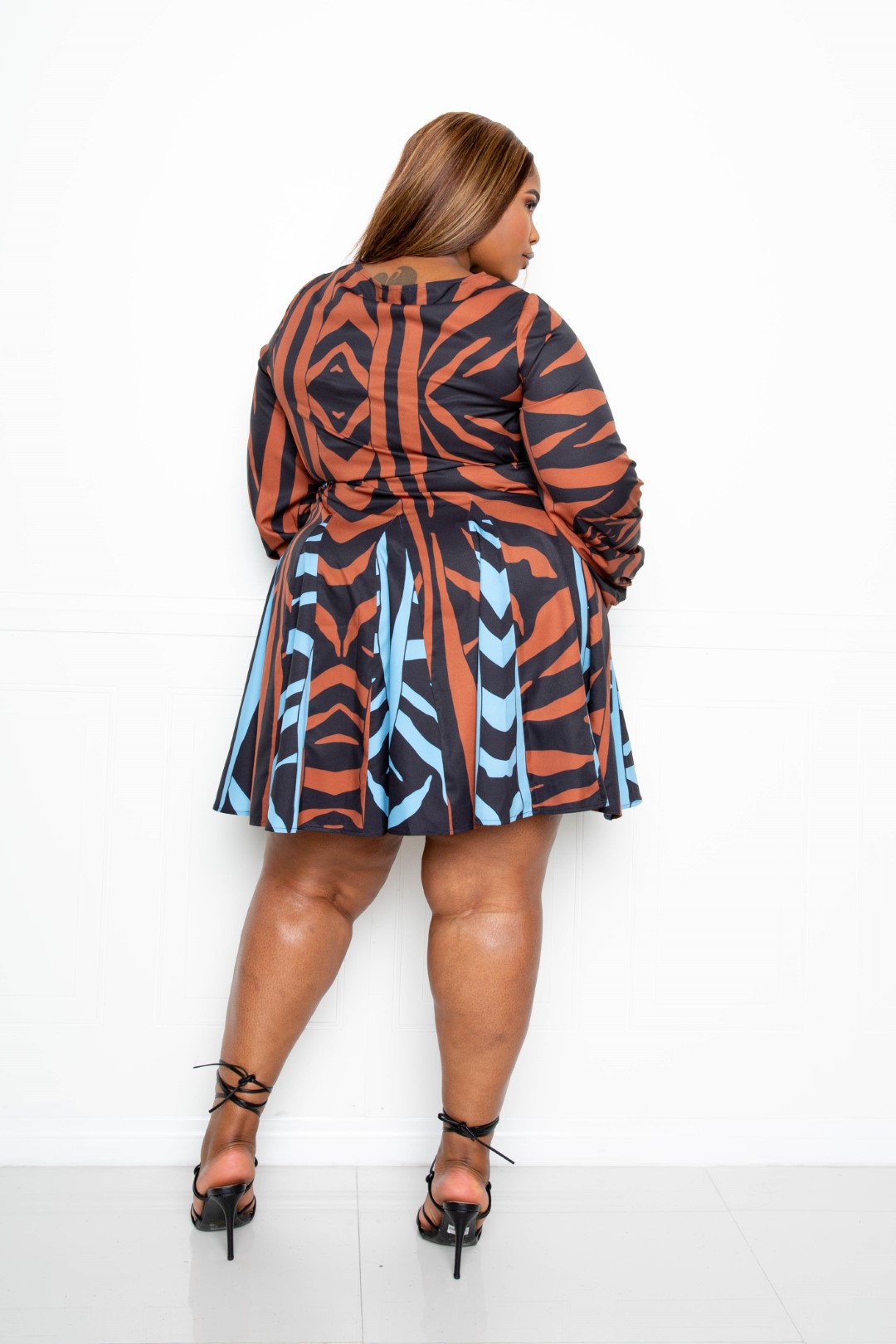 Mini Tie Waist Dress With Contrast Animal Print | Multi Brown, PLUS SIZE, PLUS SIZE DRESSES, SALE, SALE PLUS SIZE | Style Your Curves