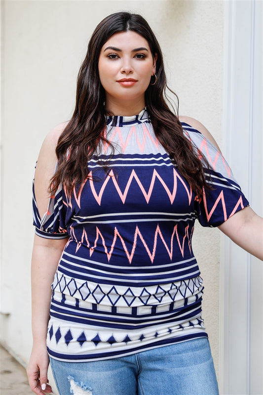 Plus Polka Dot Cold Shoulder Short Sleeve Back Self-tie Top | MADE IN USA, Navy/Mint, Navy/Multi, PLUS SIZE, PLUS SIZE TOPS, RESTOCKED POPULAR ITEMS, SALE, SALE PLUS SIZE | Style Your Curves