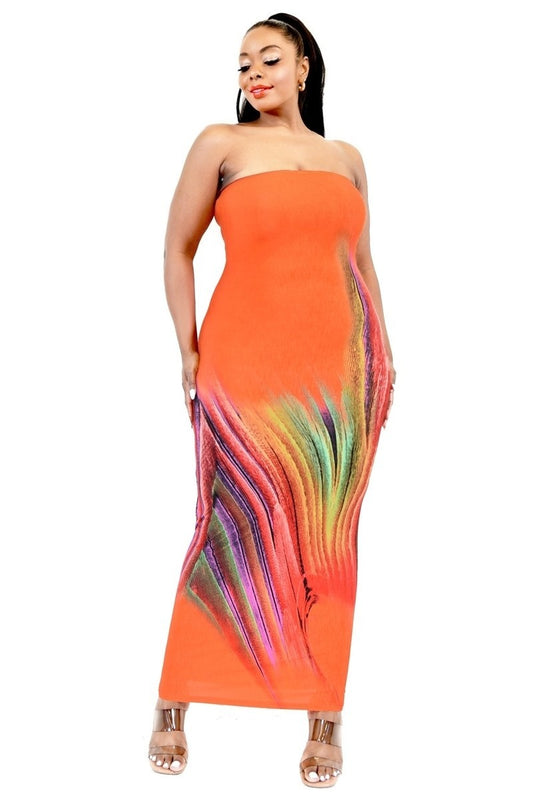 Plus Sleeveless Color Gradient Tube Top Maxi Dress | Orange/Multi, PLUS SIZE, PLUS SIZE JUMPSUITS & ROMPERS, RESTOCKED POPULAR ITEMS, SALE, SALE PLUS SIZE | Style Your Curves