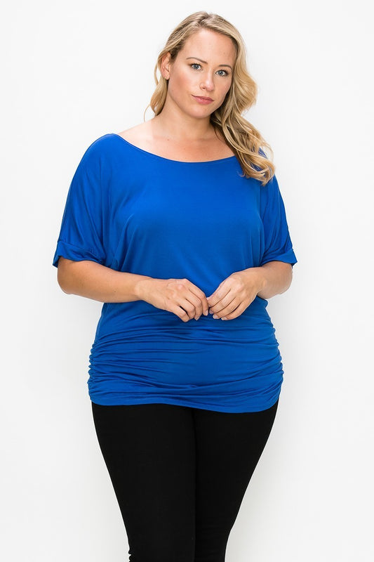 Short Sleeve Top Featuring A Round Neck And Ruched Sides | Grey, MADE IN USA, PLUS SIZE, PLUS SIZE TOPS, Royal Blue, SALE, SALE PLUS SIZE | Style Your Curves