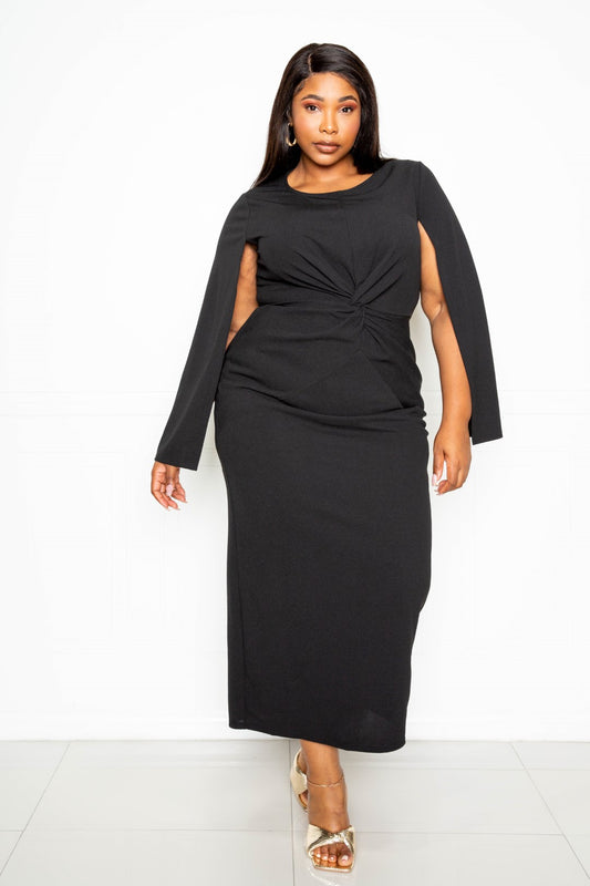 Cape Sleeve Dress With Knot Detail | Black, Orange Red, PLUS SIZE, PLUS SIZE DRESSES, SALE, SALE PLUS SIZE | Style Your Curves