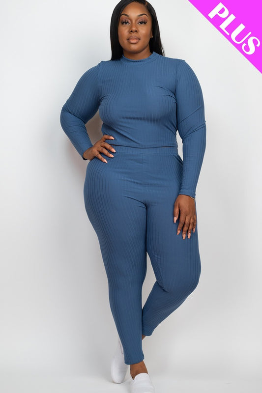 Plus Ribbed Mock Neck Long Sleeve Top & Leggings Set | Blue Haze, Burgundy, CCPRODUCTS, Coffee, Green Bay, Ibiza Blue, Mocha, PLUS SIZE, PLUS SIZE BASICS & ACTIVEWEAR, PLUS SIZE SETS, RESTOCKED POPULAR ITEMS, SALE, SALE PLUS SIZE, Taupe, White | Style Your Curves