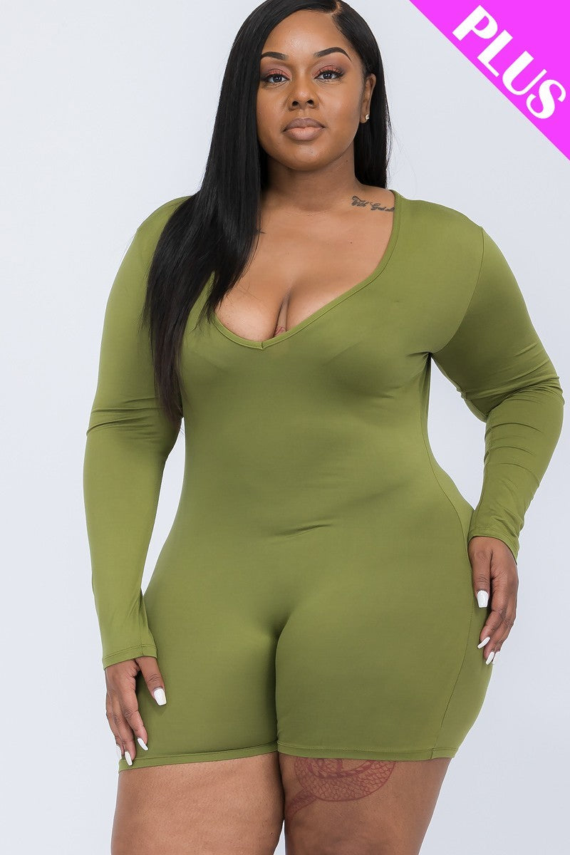 Plus V-neck Long Sleeve Bodycon Romper | Black, Brown Sugar, CCPRODUCTS, Coffee, Dark Mauve, Navy, Olive Branch, PLUS SIZE, PLUS SIZE BASICS & ACTIVEWEAR, PLUS SIZE JUMPSUITS & ROMPERS, RESTOCKED POPULAR ITEMS, SALE, SALE PLUS SIZE, Winery | Style Your Curves