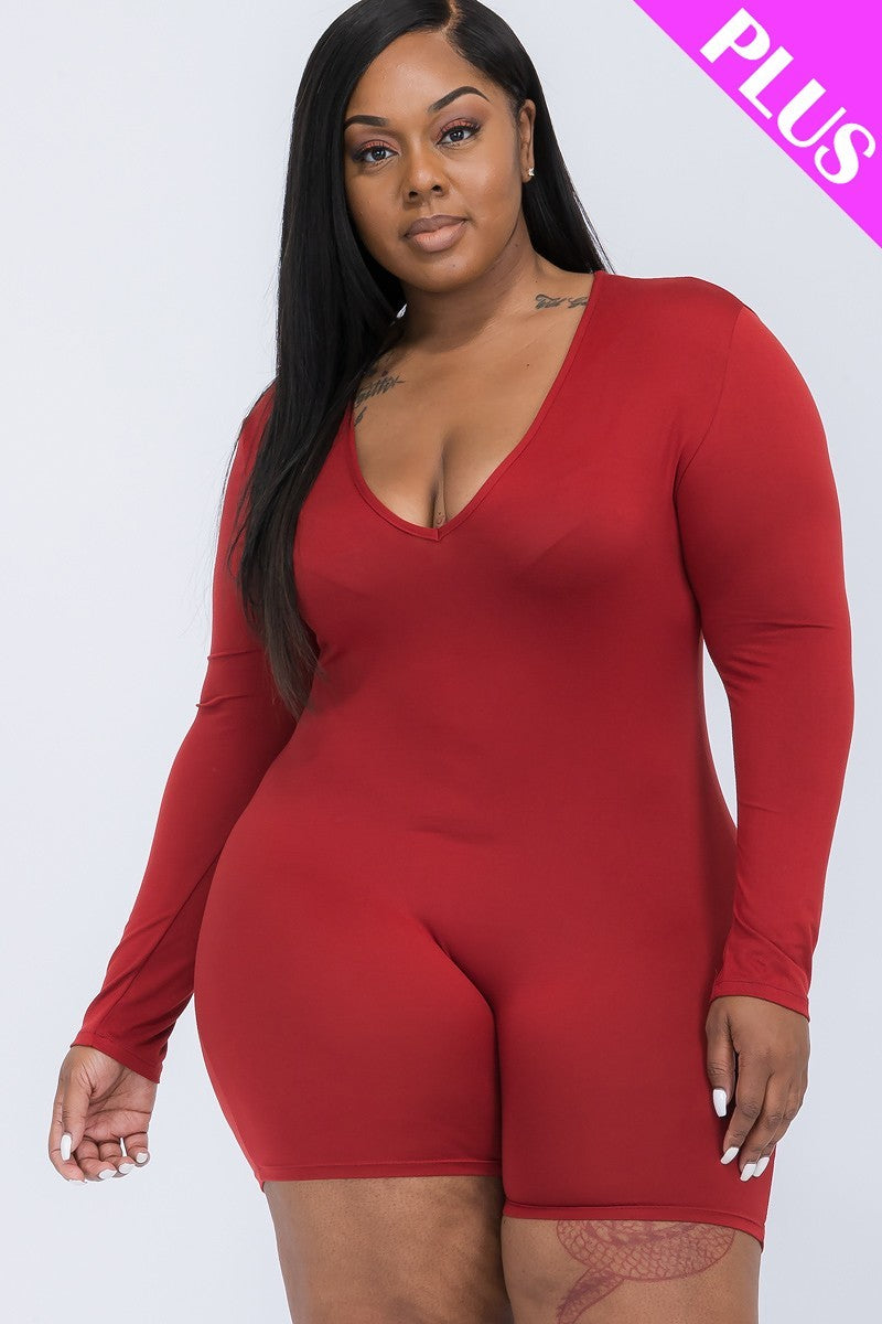 Plus V-neck Long Sleeve Bodycon Romper | Black, Brown Sugar, CCPRODUCTS, Coffee, Dark Mauve, Navy, Olive Branch, PLUS SIZE, PLUS SIZE BASICS & ACTIVEWEAR, PLUS SIZE JUMPSUITS & ROMPERS, RESTOCKED POPULAR ITEMS, SALE, SALE PLUS SIZE, Winery | Style Your Curves