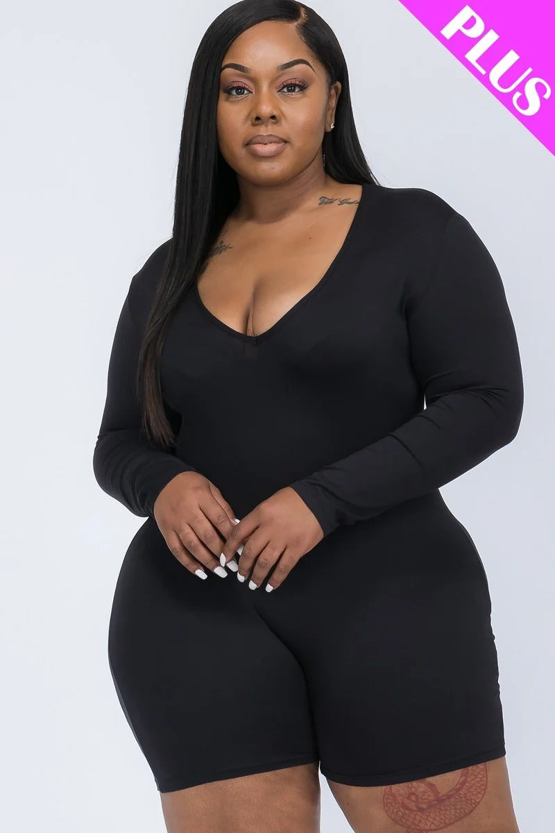 Plus V-neck Long Sleeve Bodycon Romper | Black, Brown Sugar, CCPRODUCTS, Coffee, Dark Mauve, Navy, Olive Branch, PLUS SIZE, PLUS SIZE BASICS & ACTIVEWEAR, PLUS SIZE JUMPSUITS & ROMPERS, RESTOCKED POPULAR ITEMS, SALE, SALE PLUS SIZE, Winery | Style Your Curves