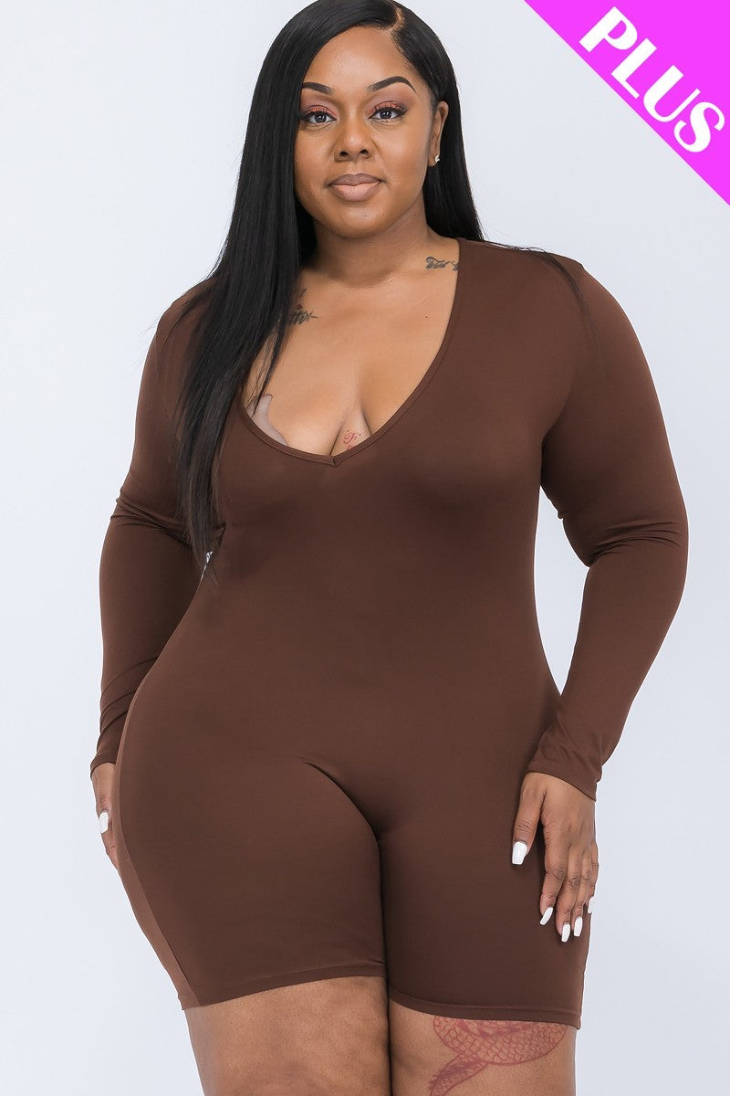 Plus V-neck Long Sleeve Bodycon Romper | Black, Brown Sugar, CCPRODUCTS, Coffee, Dark Mauve, Navy, Olive Branch, PLUS SIZE, PLUS SIZE BASICS & ACTIVEWEAR, PLUS SIZE JUMPSUITS & ROMPERS, RESTOCKED POPULAR ITEMS, SALE, SALE PLUS SIZE, Winery | Style Your Curves