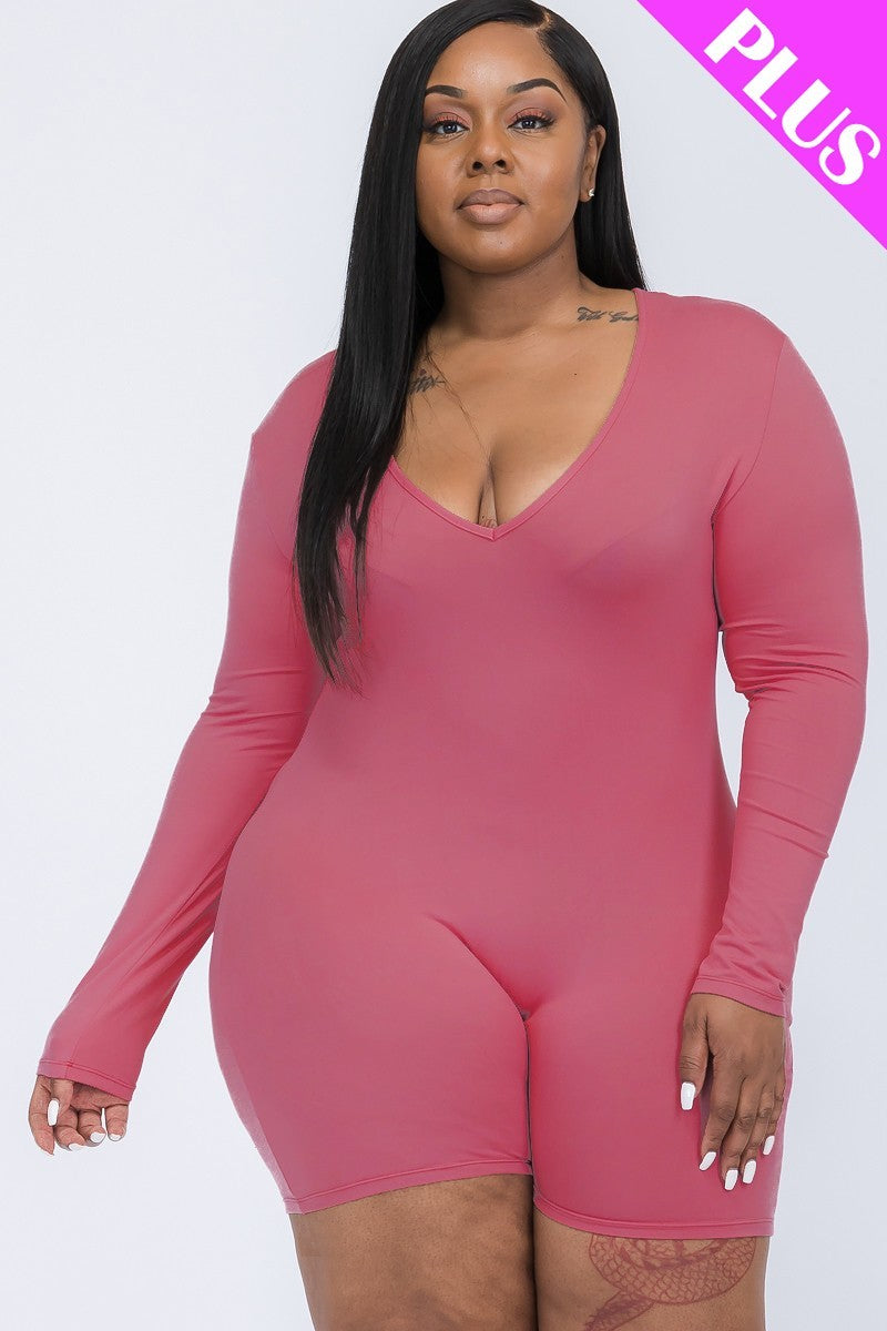 Plus V-neck Long Sleeve Bodycon Romper | Black, Brown Sugar, CCPRODUCTS, Coffee, Dark Mauve, Navy, Olive Branch, PLUS SIZE, PLUS SIZE BASICS & ACTIVEWEAR, PLUS SIZE JUMPSUITS & ROMPERS, RESTOCKED POPULAR ITEMS, SALE, SALE PLUS SIZE, Winery | Style Your Curves