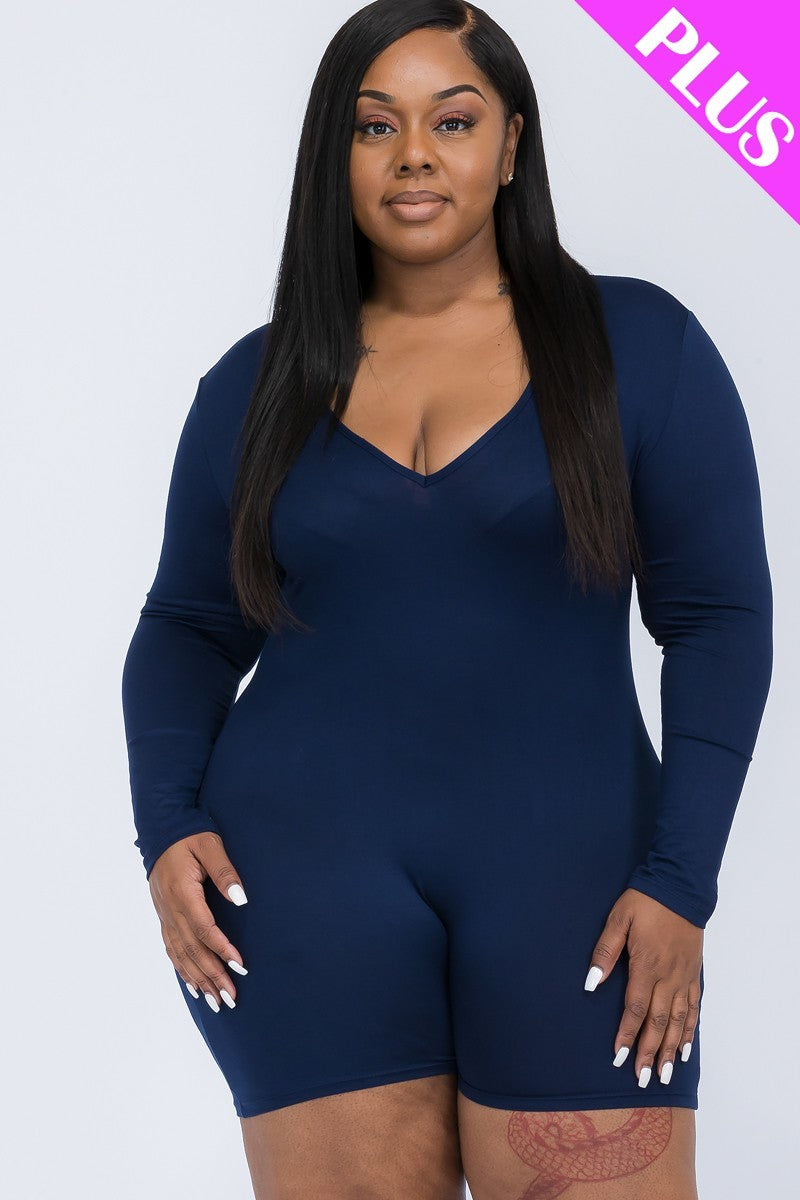 Plus V-neck Long Sleeve Bodycon Romper | Black, Brown Sugar, CCPRODUCTS, Coffee, Dark Mauve, Navy, Olive Branch, PLUS SIZE, PLUS SIZE BASICS & ACTIVEWEAR, PLUS SIZE JUMPSUITS & ROMPERS, RESTOCKED POPULAR ITEMS, SALE, SALE PLUS SIZE, Winery | Style Your Curves