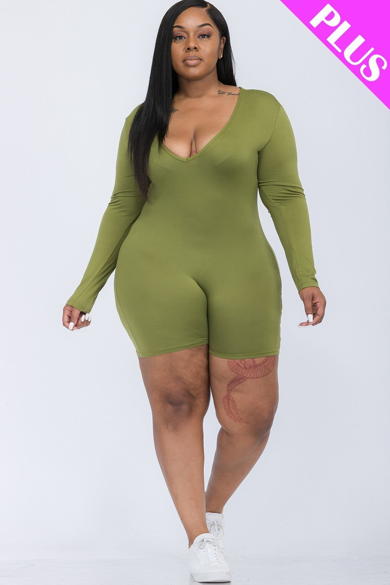 Plus V-neck Long Sleeve Bodycon Romper | Black, Brown Sugar, CCPRODUCTS, Coffee, Dark Mauve, Navy, Olive Branch, PLUS SIZE, PLUS SIZE BASICS & ACTIVEWEAR, PLUS SIZE JUMPSUITS & ROMPERS, RESTOCKED POPULAR ITEMS, SALE, SALE PLUS SIZE, Winery | Style Your Curves