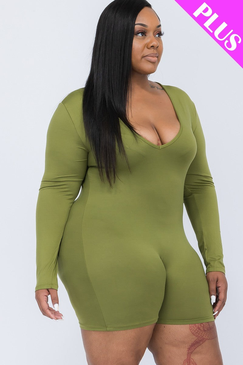 Plus V-neck Long Sleeve Bodycon Romper | Black, Brown Sugar, CCPRODUCTS, Coffee, Dark Mauve, Navy, Olive Branch, PLUS SIZE, PLUS SIZE BASICS & ACTIVEWEAR, PLUS SIZE JUMPSUITS & ROMPERS, RESTOCKED POPULAR ITEMS, SALE, SALE PLUS SIZE, Winery | Style Your Curves