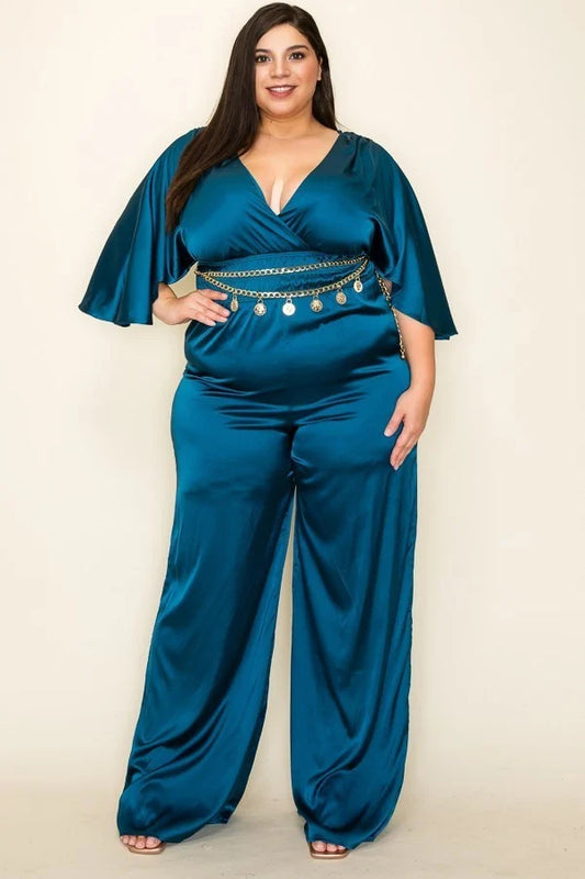 Satin Wrap Front Short Sleeve Smocked Waist Jumpsuit | CCPRODUCTS, Cognac, Magenta, NEW ARRIVALS, PLUS SIZE, PLUS SIZE JUMPSUITS & ROMPERS, Teal | Style Your Curves