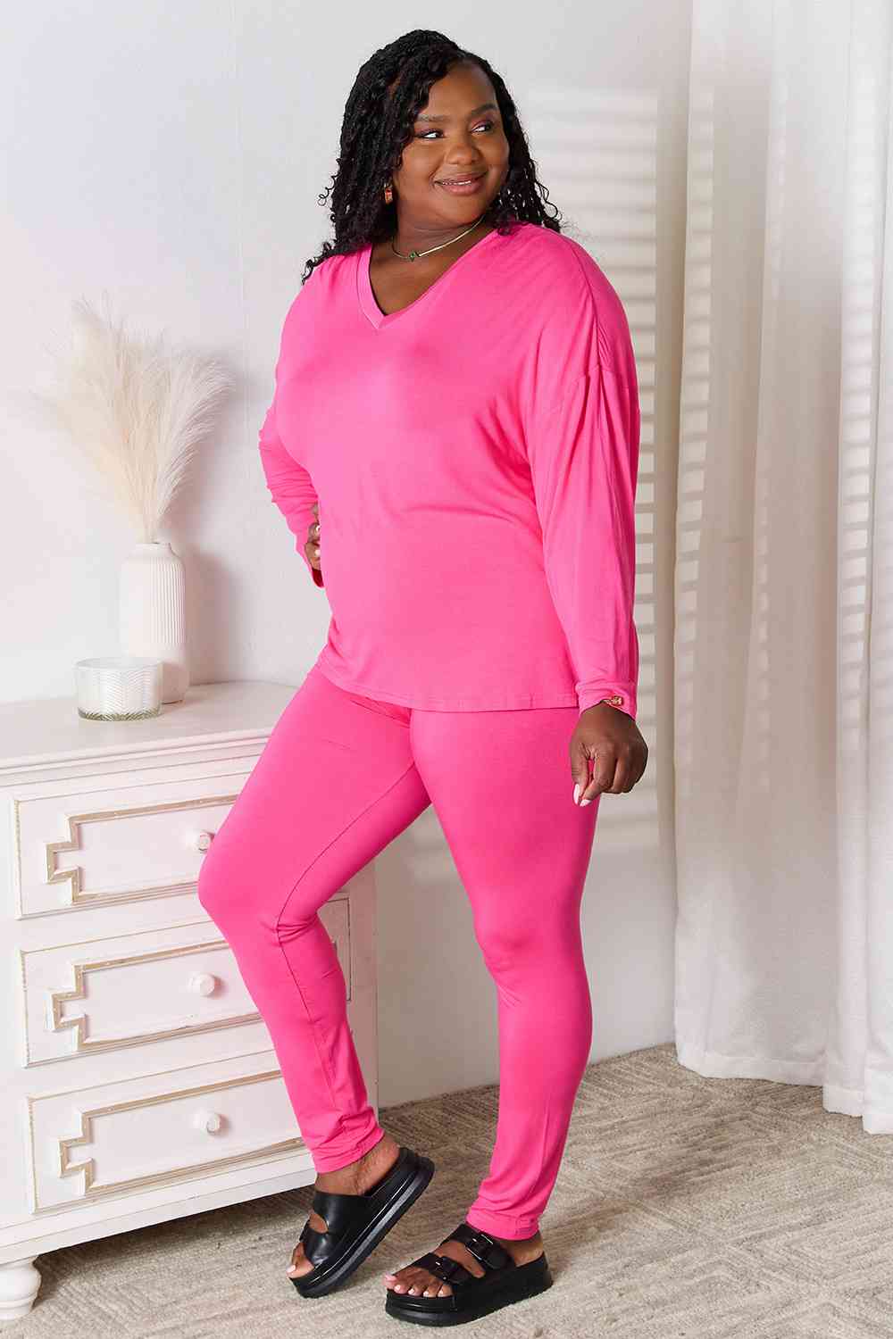 V-Neck Long Sleeve Top and Pants Lounge Set